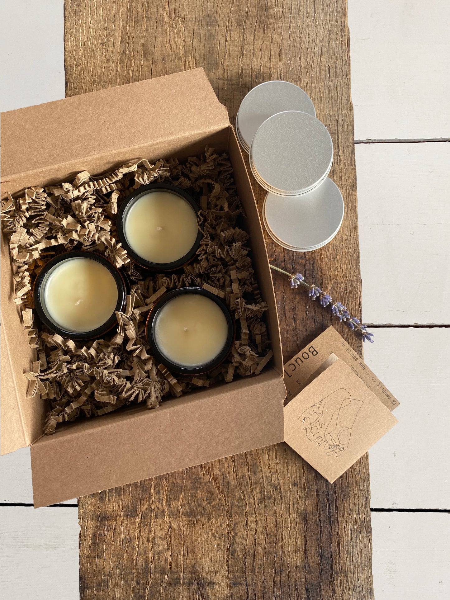 Mini London soy candle trio gift set in their gift box with plastic free packaging.