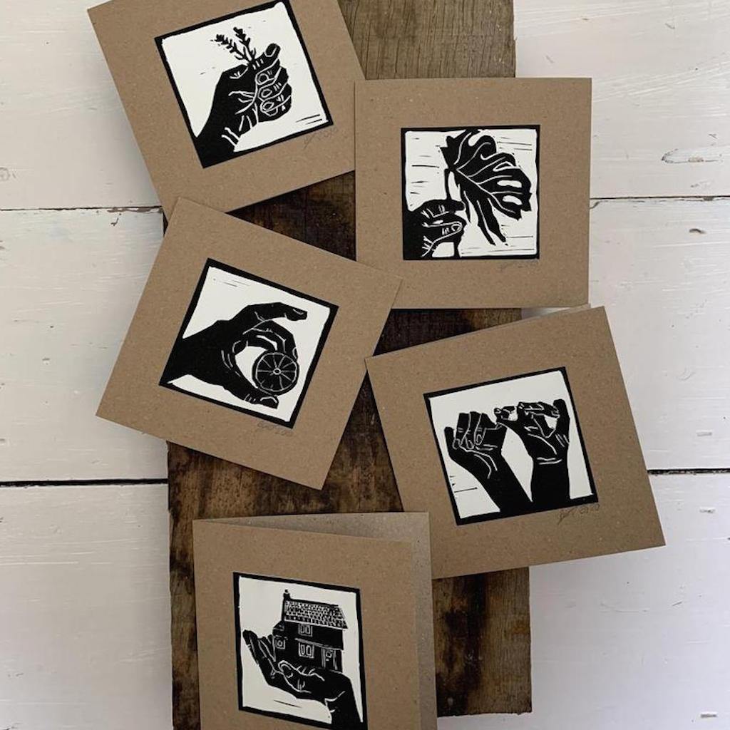 Selection of hand-printed Bouclé cards, 5 different designs blank inside for your message. Made in East London & Brighton.