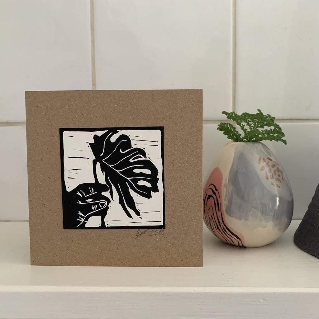 Cheese plant illustration, Bouclé greetings card for many different occasions made in East London & Brighton.