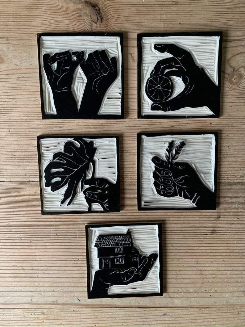 Bouclé lino blocks process picture of the hand made card steps.