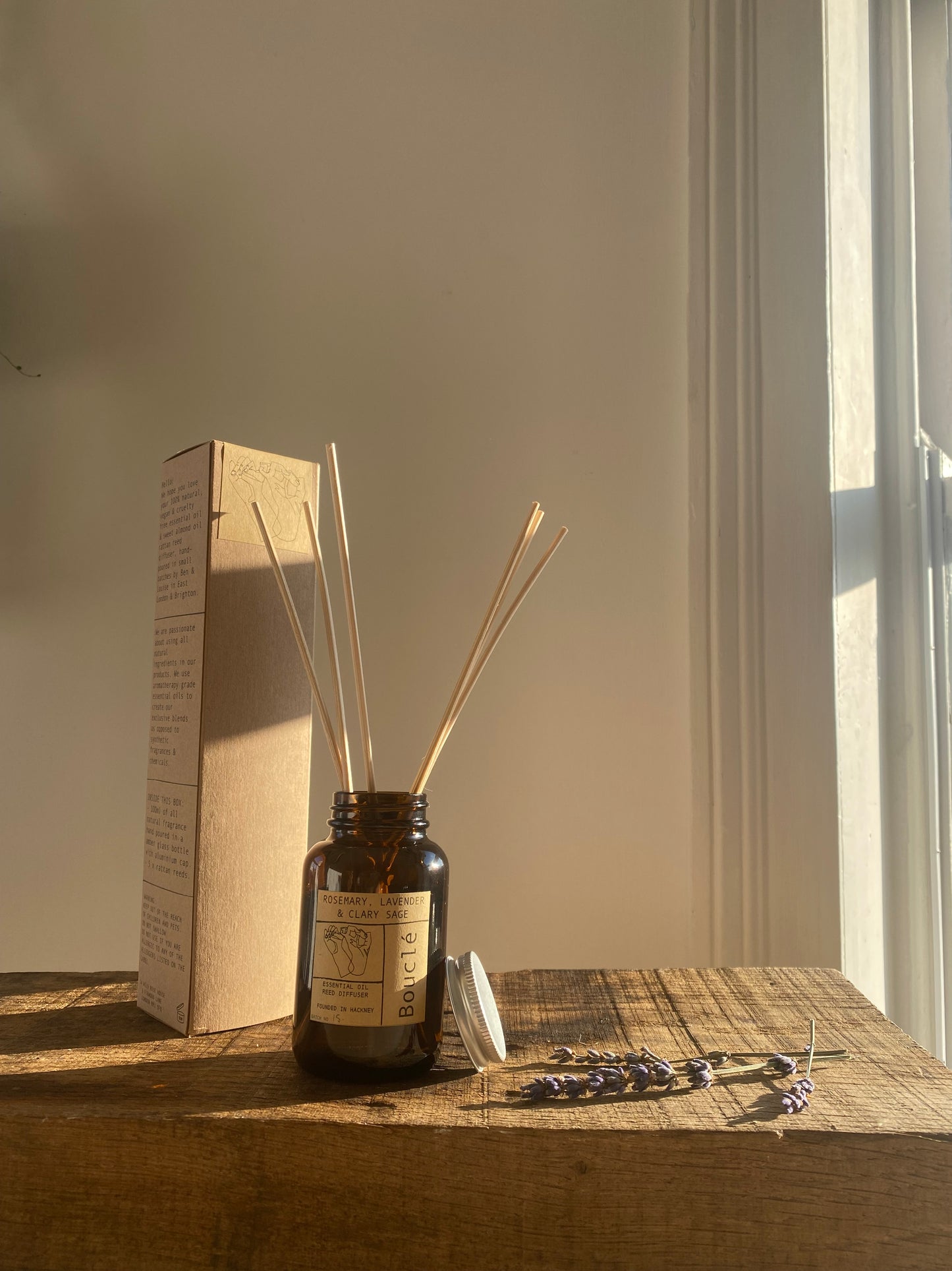 Relaxing essential oil rattan reed diffuser in amber glass bottle with recycled card box. The perfect gift for her to help sleep.