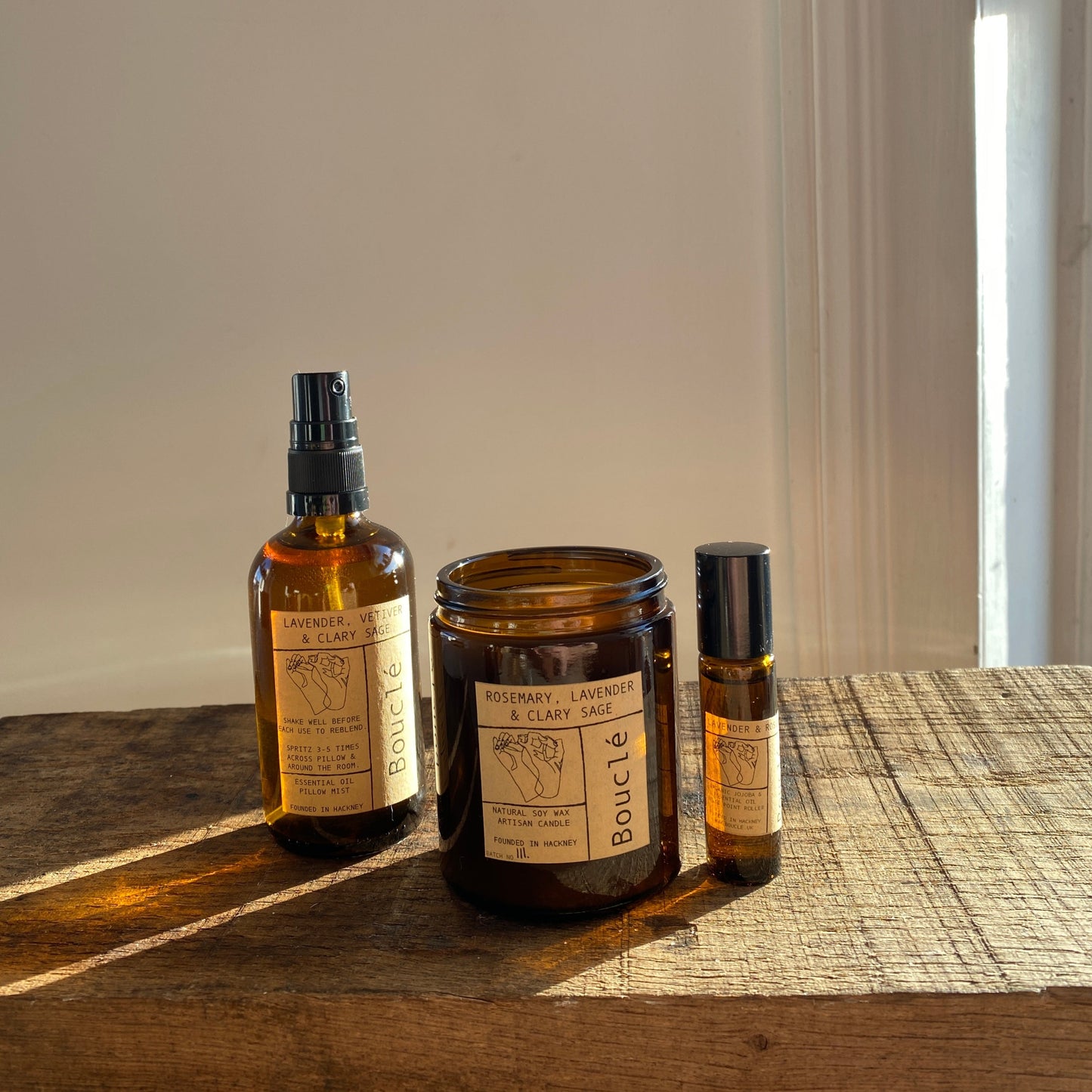 Bouclé London sleep better set including lavender pillow spray, candle & relaxing pulsepoint roller.