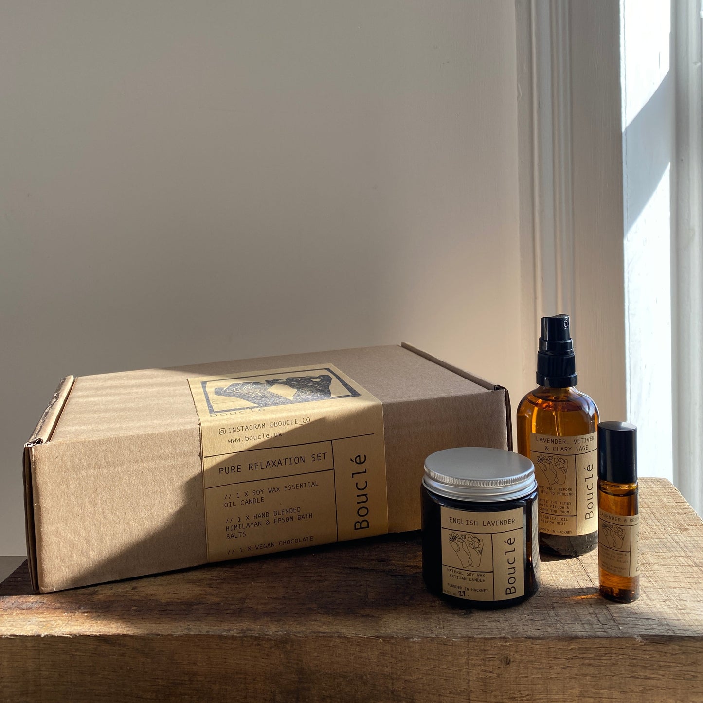 Bouclé London lavender, rosemary, clary sage & vetiver aromatherapy candle, pulse point roller & pillow spray gift set.