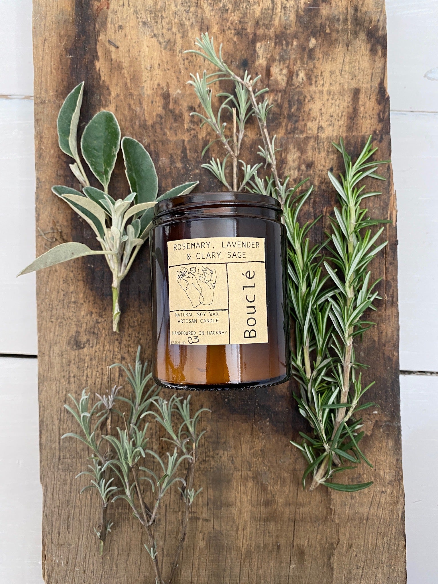 Rosemary, lavender & clary sage candle as part of the monthly rolling Bouclé London candle subscription. Hand poured in the UK.