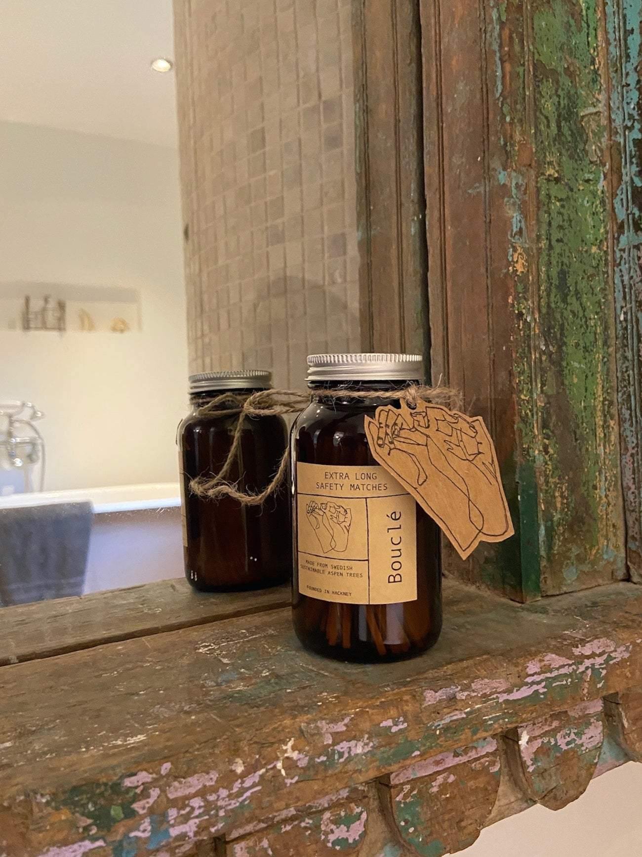 Amber glass match jar filled with extra long fancy matches with aluminium lid - hand made in East London and Brighton.