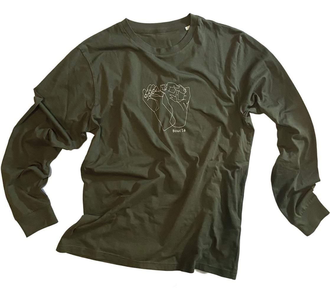 Olive coloured Bouclé long sleeve t-shirt with Bouclé London hands logo doing the pinky promise