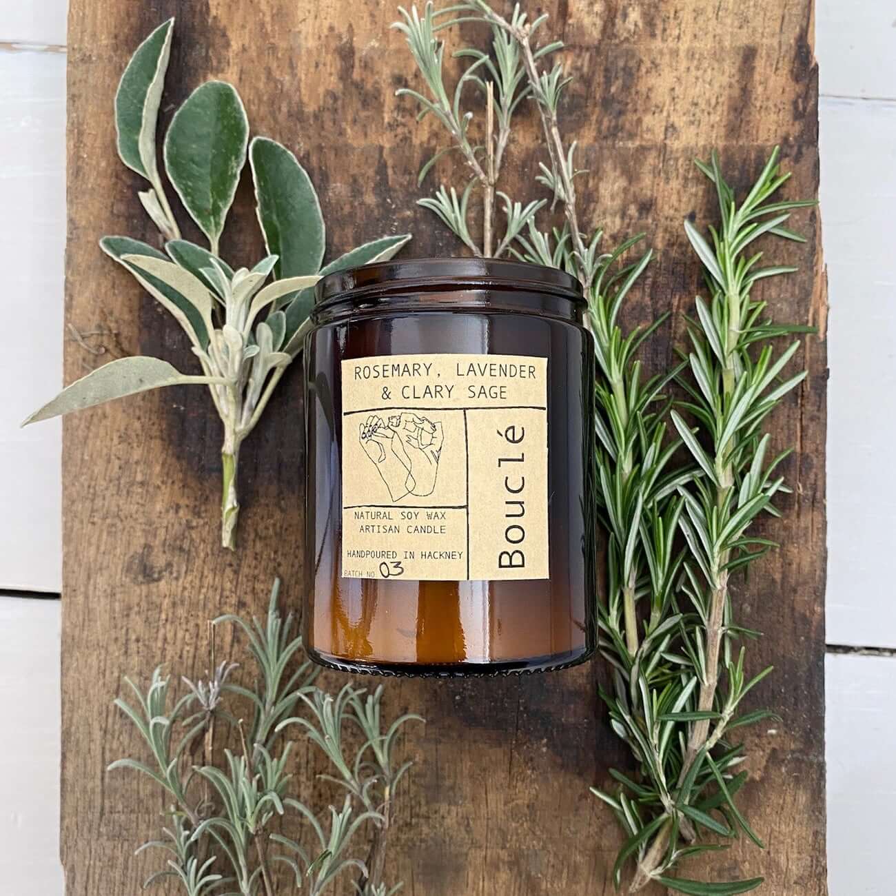 Rosemary, Lavender and Clary Sage essential oil Bouclé London soy candle made with aromatherapy grade oils