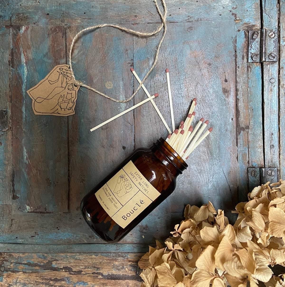 Bouclé London match jar gift with extra long matches and hand stamped logo