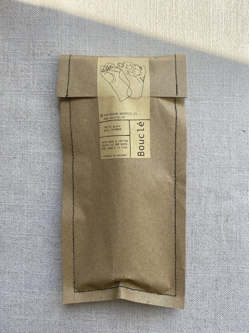 Bouclé wood and cotton wick trimmer in hand sewn paper pouch