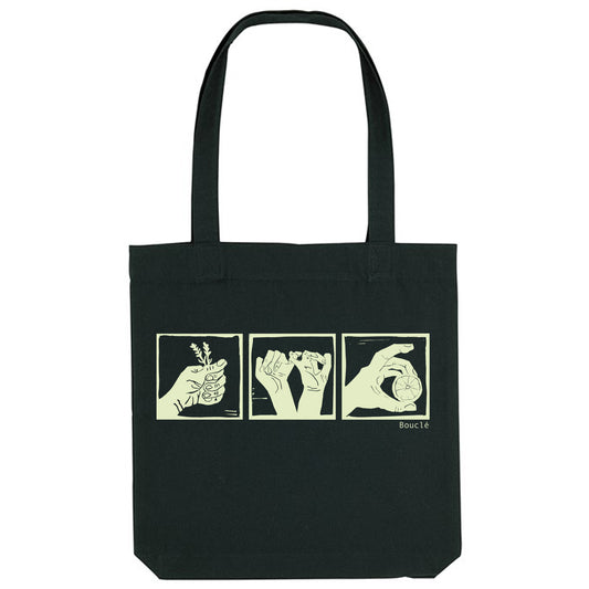 Black Recycled Woven Shopper Bag with Cream Woodcut Trio Screenprint