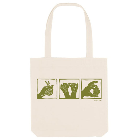 Ecru Recycled Woven Shopper Bag with Flaxen Woodcut Trio Screenprint