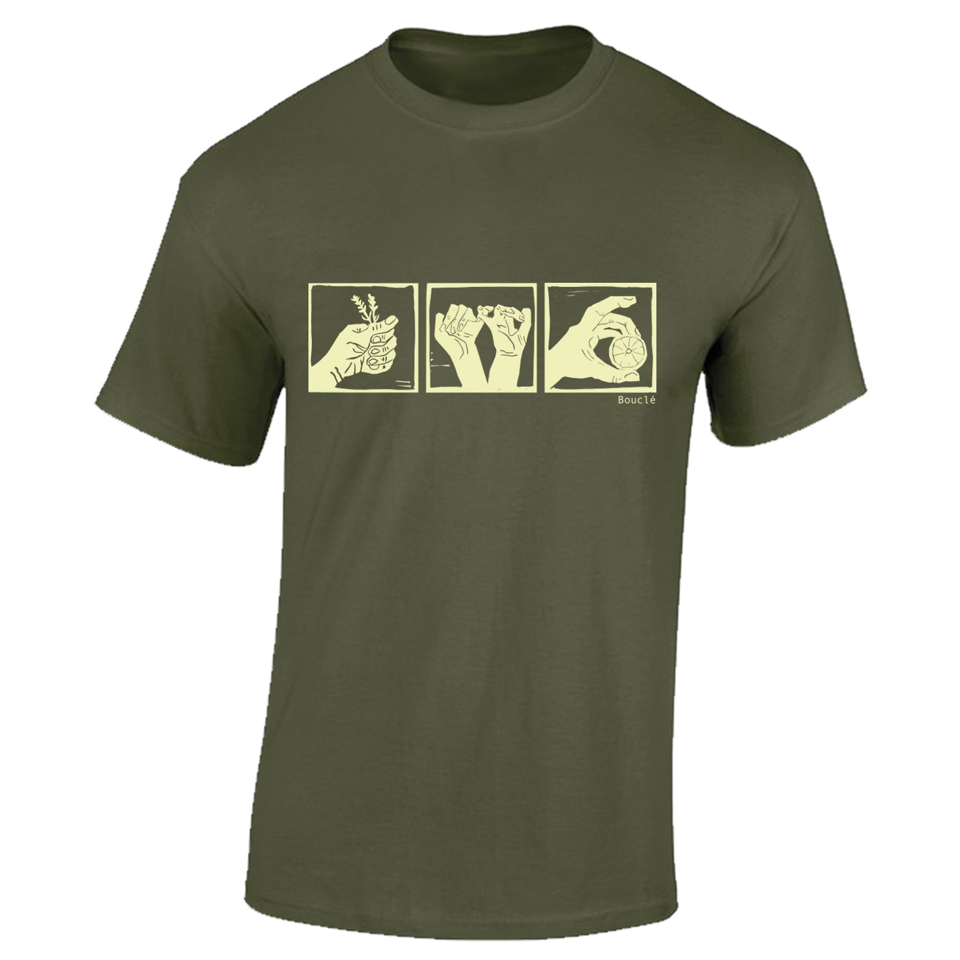 Woodcut Trio Screen Printed Olive Green Short Sleeved T-Shirt
