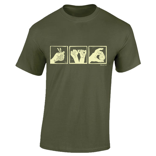 Woodcut Trio Screen Printed Olive Green Short Sleeved T-Shirt