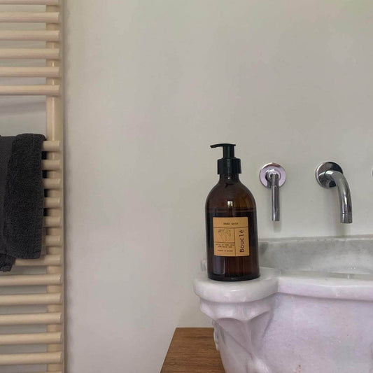 Bouclé London amber glass hand wash refill bottle for plastic free bathrooms