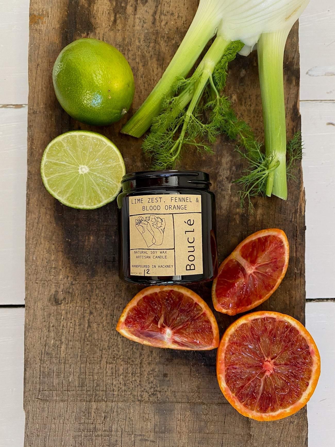 Lime Zest, Fennel & Blood Orange candle in amber glass apothecary jar, hand made in London and Brighton.