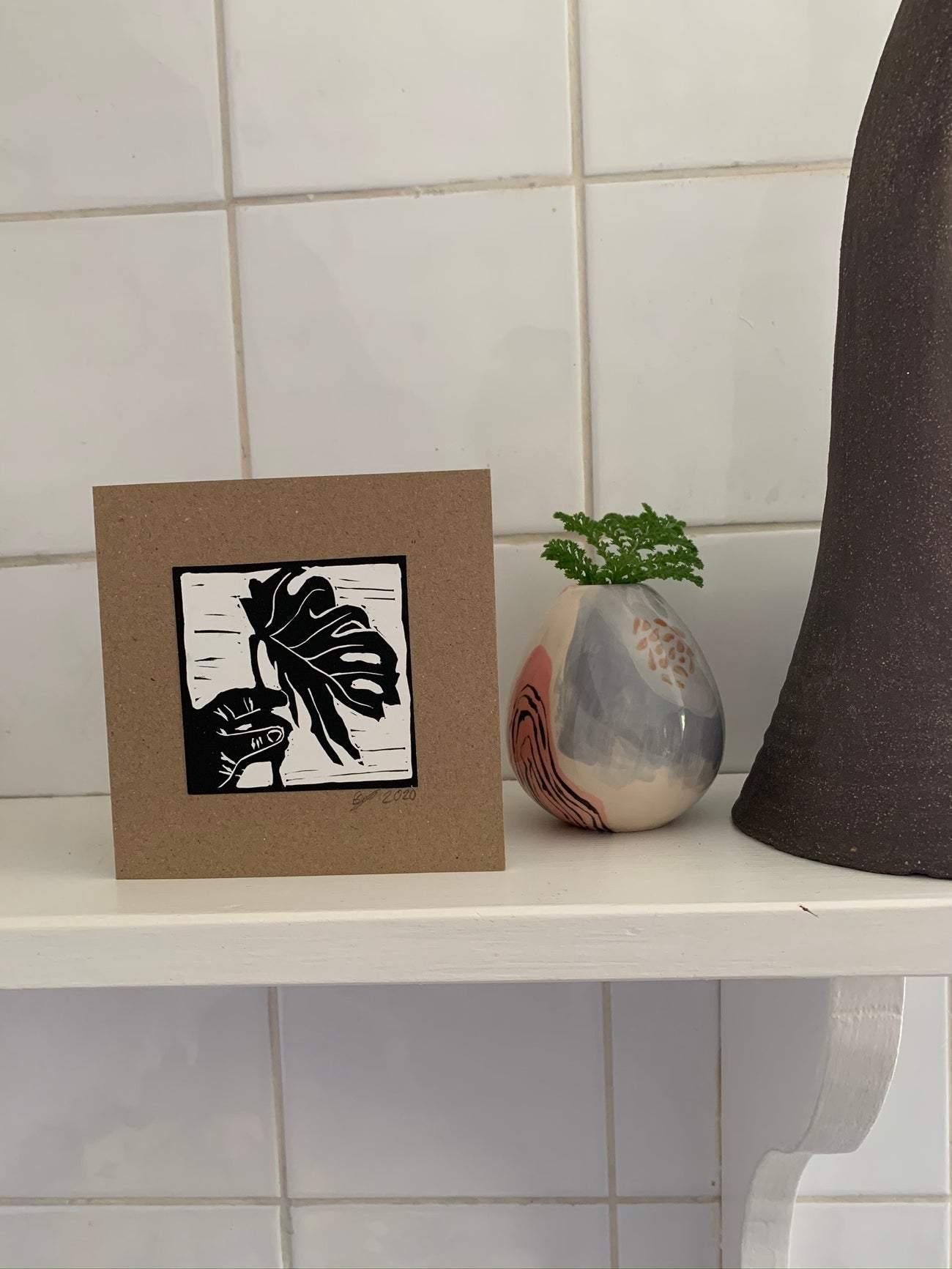 Bouclé cheese plant lino-cut design blank greetings card made in East London & Brighton