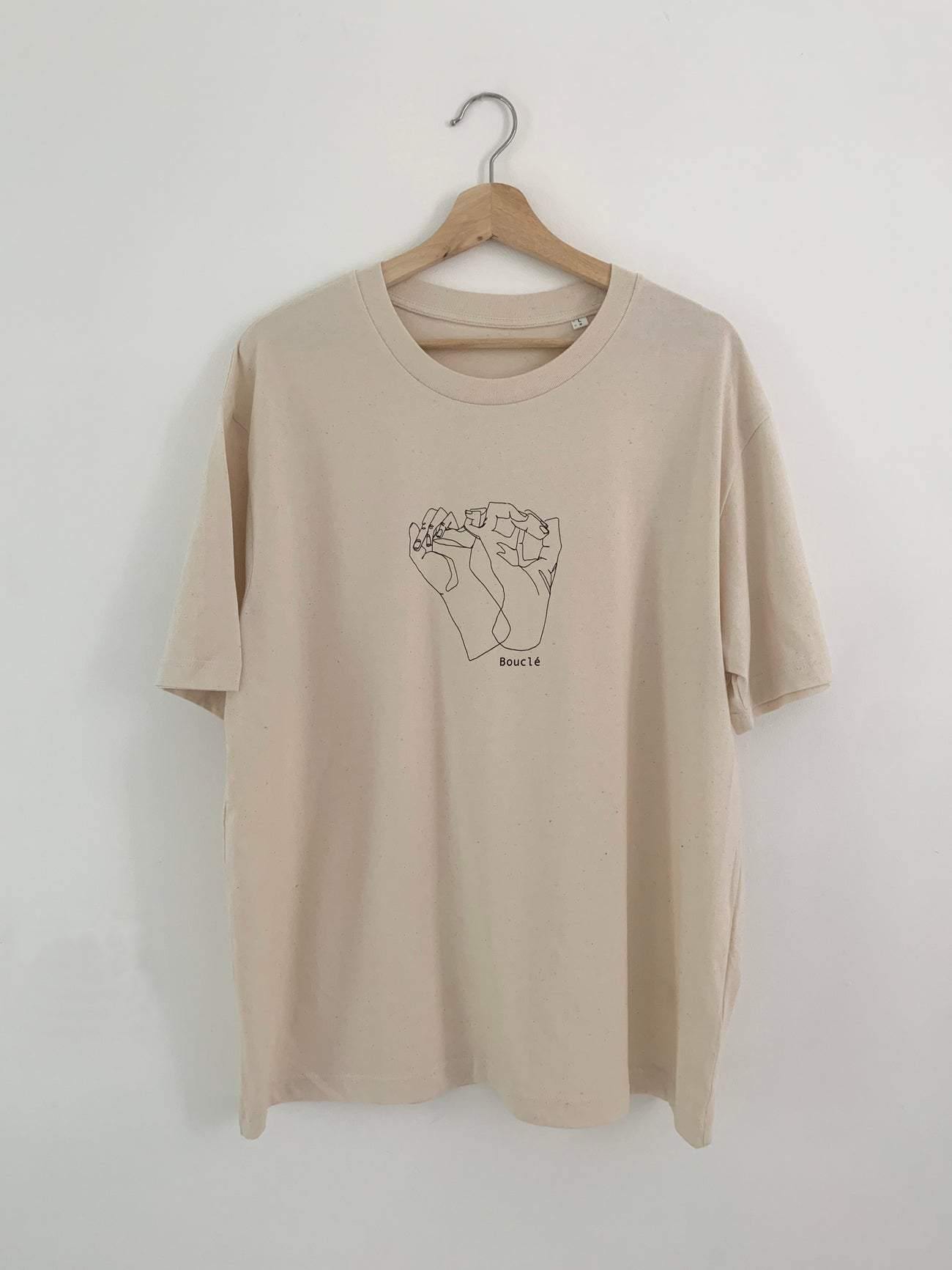 Bouclé Hackney organic cotton cream t-shirt logo hand drawing minimal design 