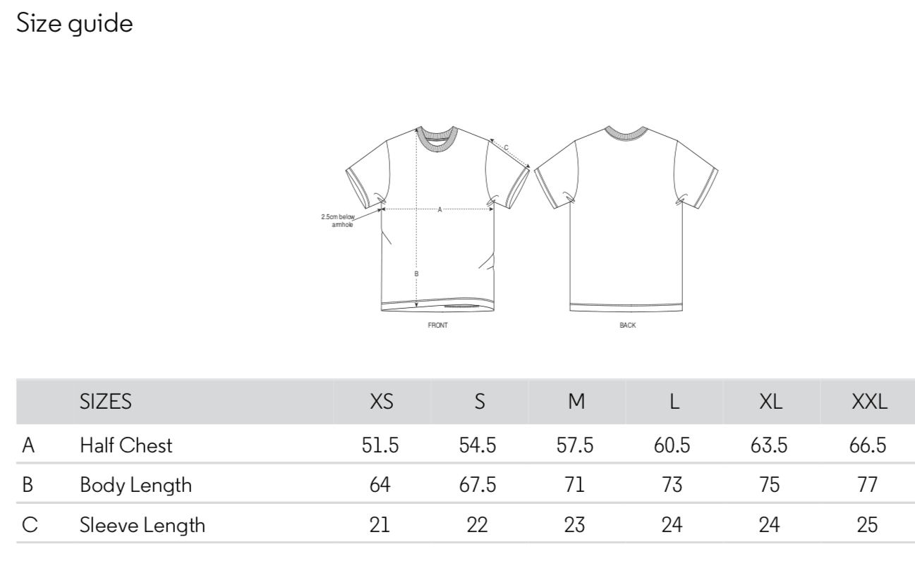 Bouclé Unisex t-shirt size guide