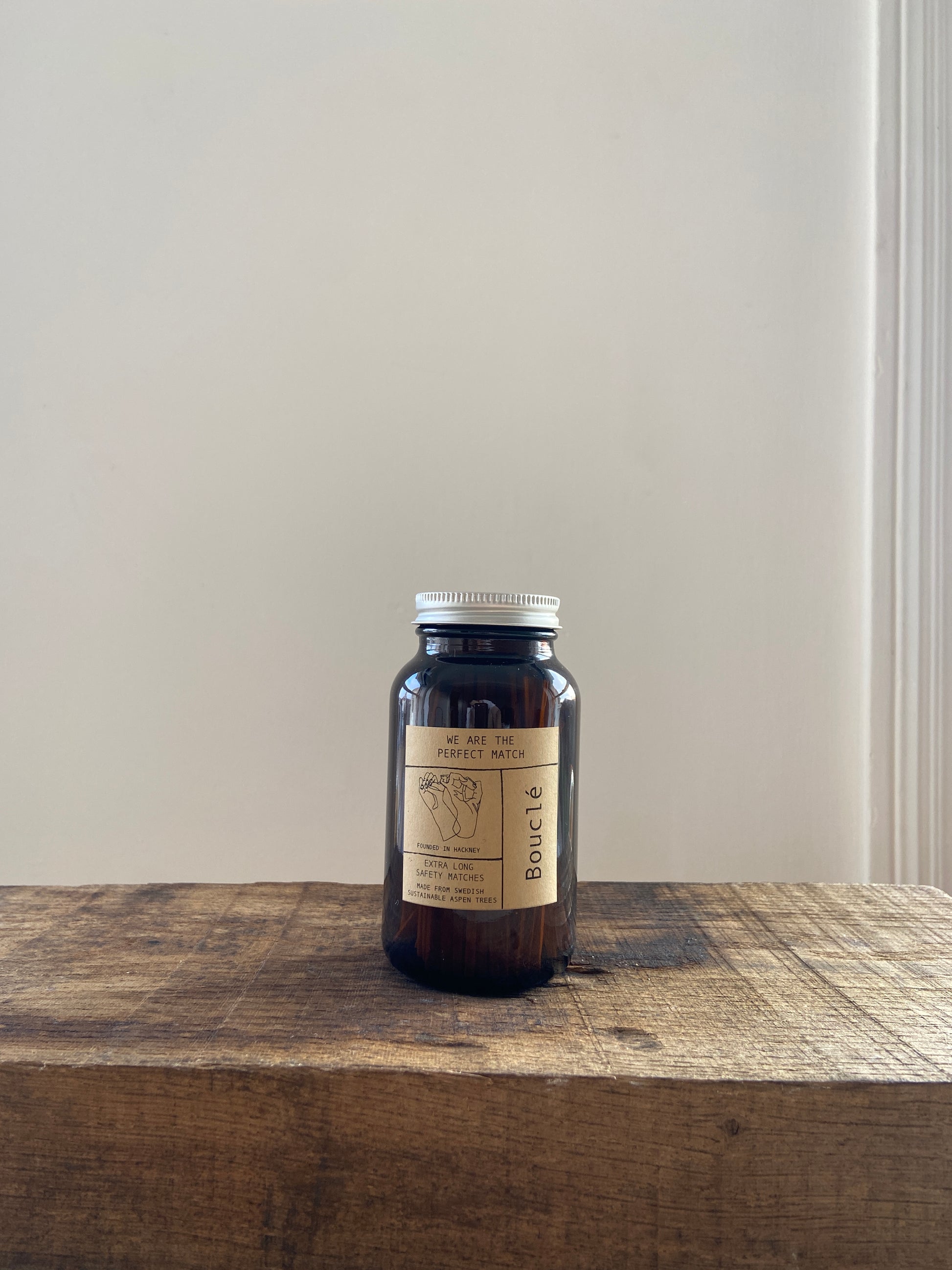 Sustainably sourced extra long matches in amber glass apothecary style jar founded in Hackney.