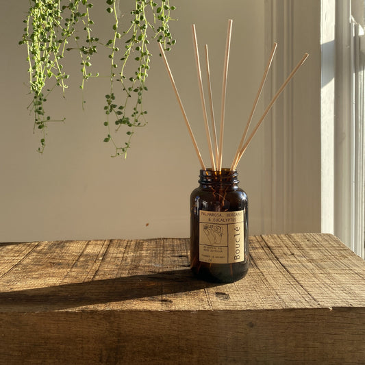 Bouclé Palmarosa, Bergamot & Eucalyptus natural reed diffuser, made in East London.