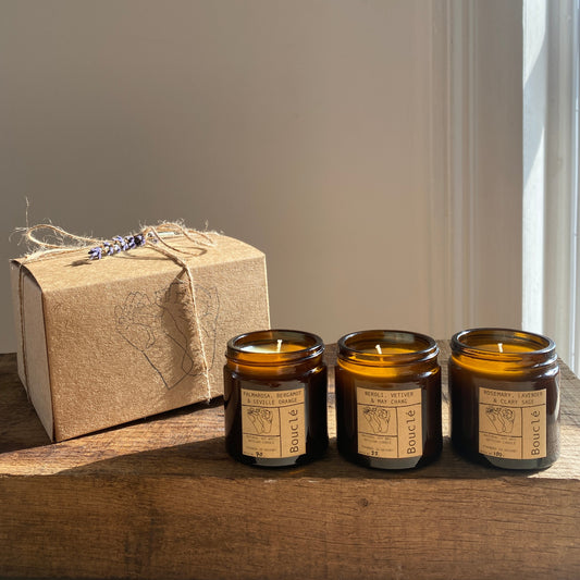 Bouclé London mini floral candle trio for spring and summer. Made with soy wax and rosemary, lavender, clary sage, neroli, vetiver, may chang, palmarosa, bergamot, orange essential oils