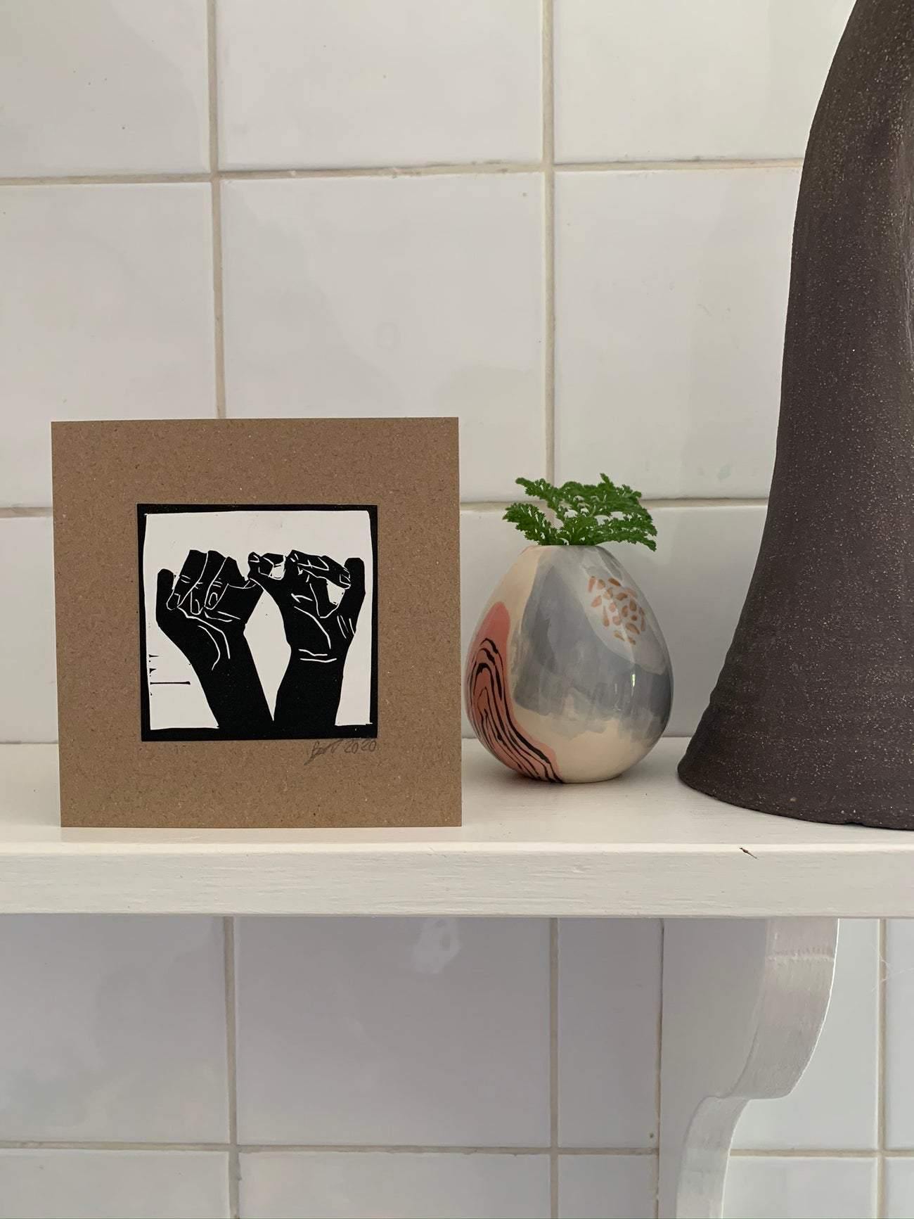 Bouclé greetings card displayed in home. Blank inside for your message & perfect for any occasion. Mounted on recycled kraft card.