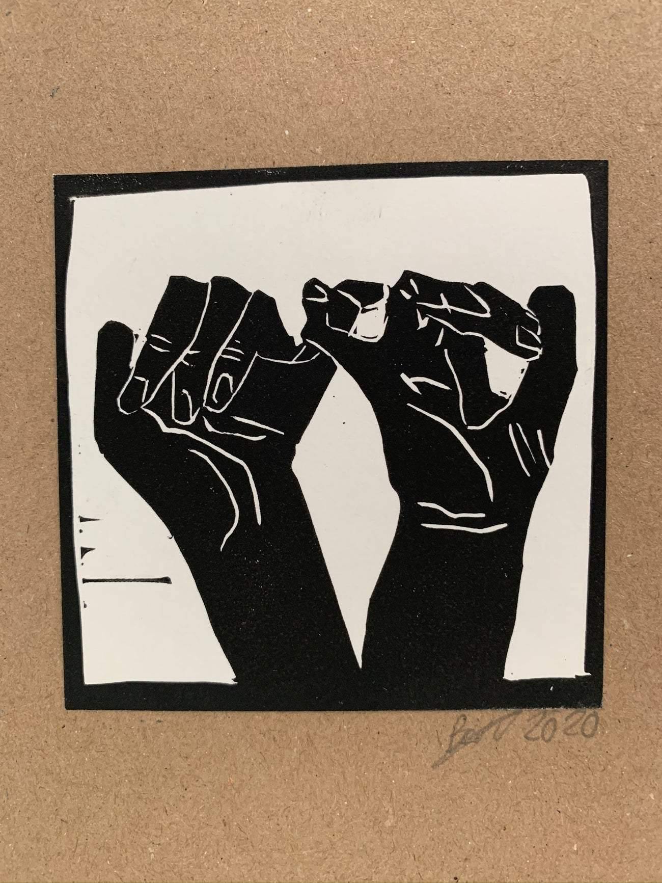 Interlocked hands illustration, hand printed image of the pinky promise symbol.