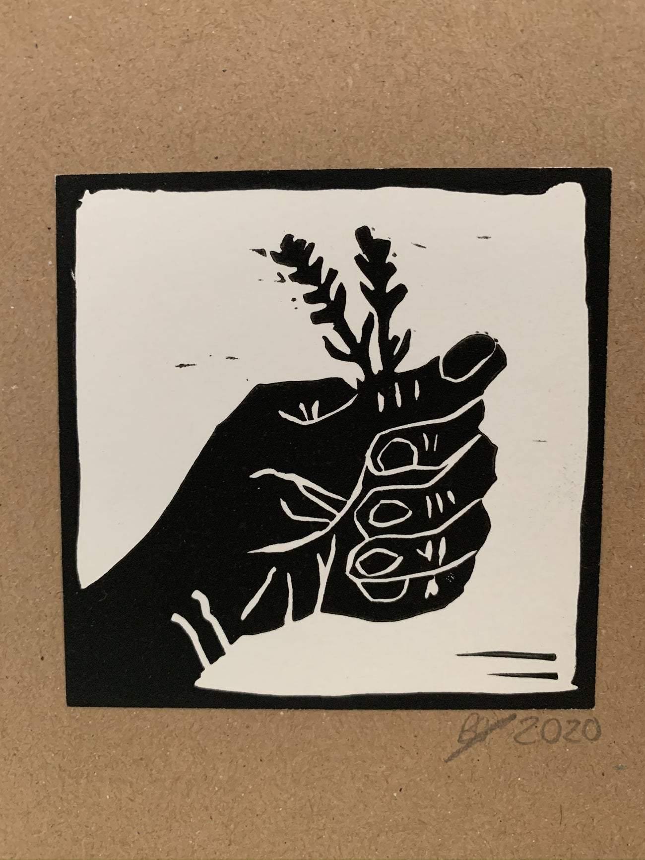Monochrome drawing of lavender sprig in hand close up of sympathy card design made in London