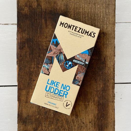 Montezuma like no udder vegan bar of milk alternative chocolate. Made in the UK, organic and sold by Bouclé