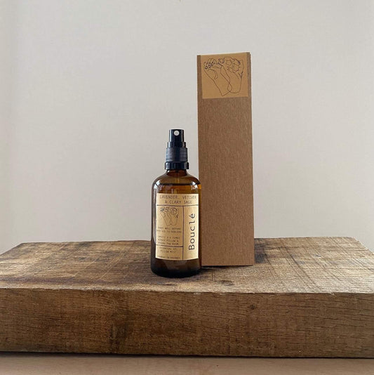 Lavender, Vetiver and Clary Sage essential oil Bouclé pillow spray made in East London & Brighton. An idea relaxing pampering gift & eco-friendly and natural 