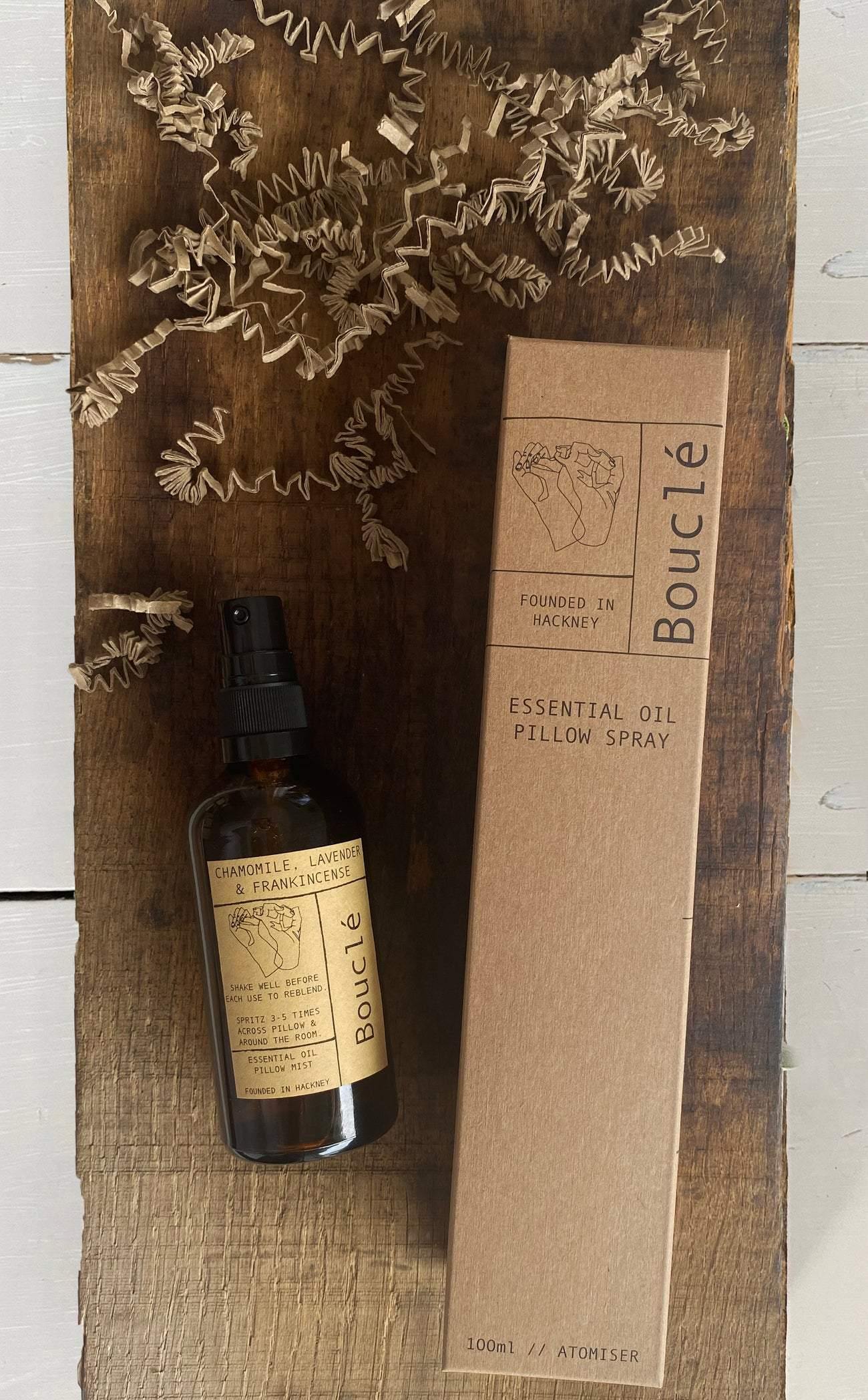 Bouclé relax pillow spray with plastic free packaging, perfect for gifting or to use for a better sleep ritual. Relax with these all natural Bouclé London blends.