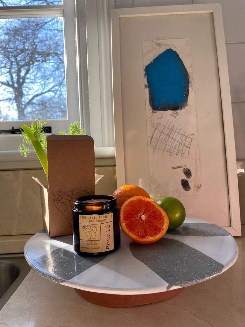 Fruity, citrus natural scented candle with lime zest, fennel & blood orange. Natural aromatherapy candles hand made in East London & Brighton.