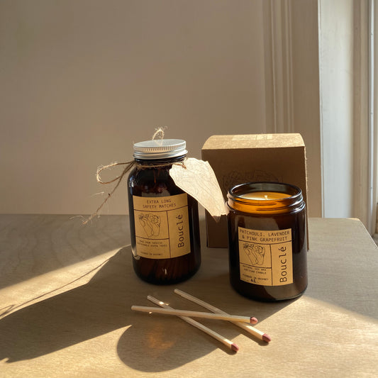Bouclé London Extra long matches in Match jar and essential oil candle gift set. Made in East London & Brighton.