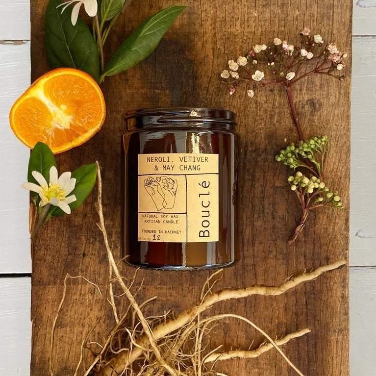 Neroli, Vetiver and May Chang essential oil vegan scented candle. Soy wax candle in jar made in East London and Brighton
