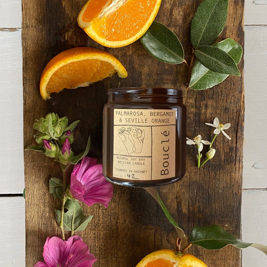 Palmarosa, Bergamot and Seville Orange essential oil scented flower candle by Bouclé London