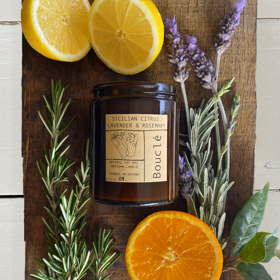 Bouclé Sicilian Citrus, lavender & rosemary soy wax candle hand poured in East London & Brighton