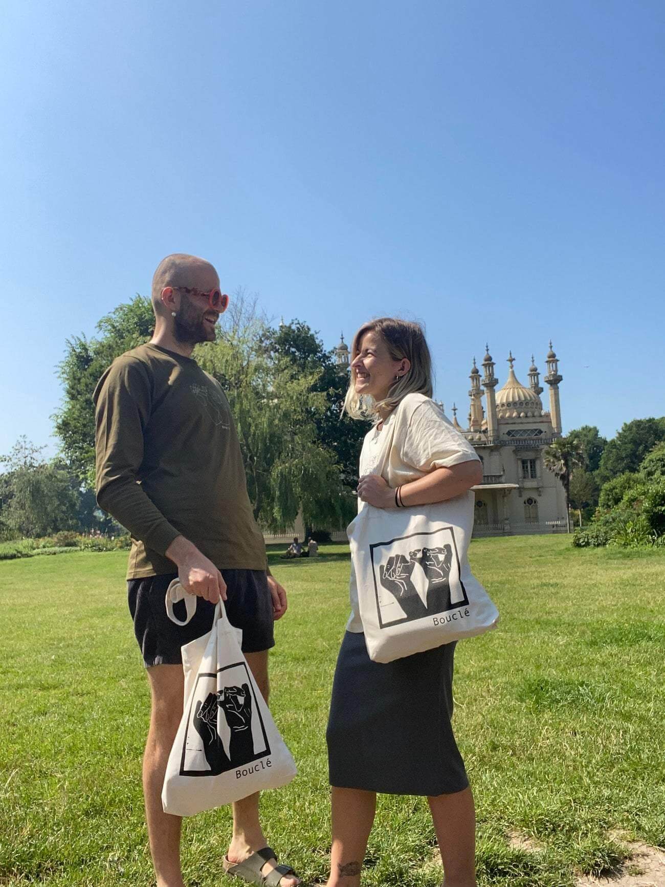 Bouclé sustainable t-shirts and tote bags screen printed in the UK on organic cotton and recycled fabrics